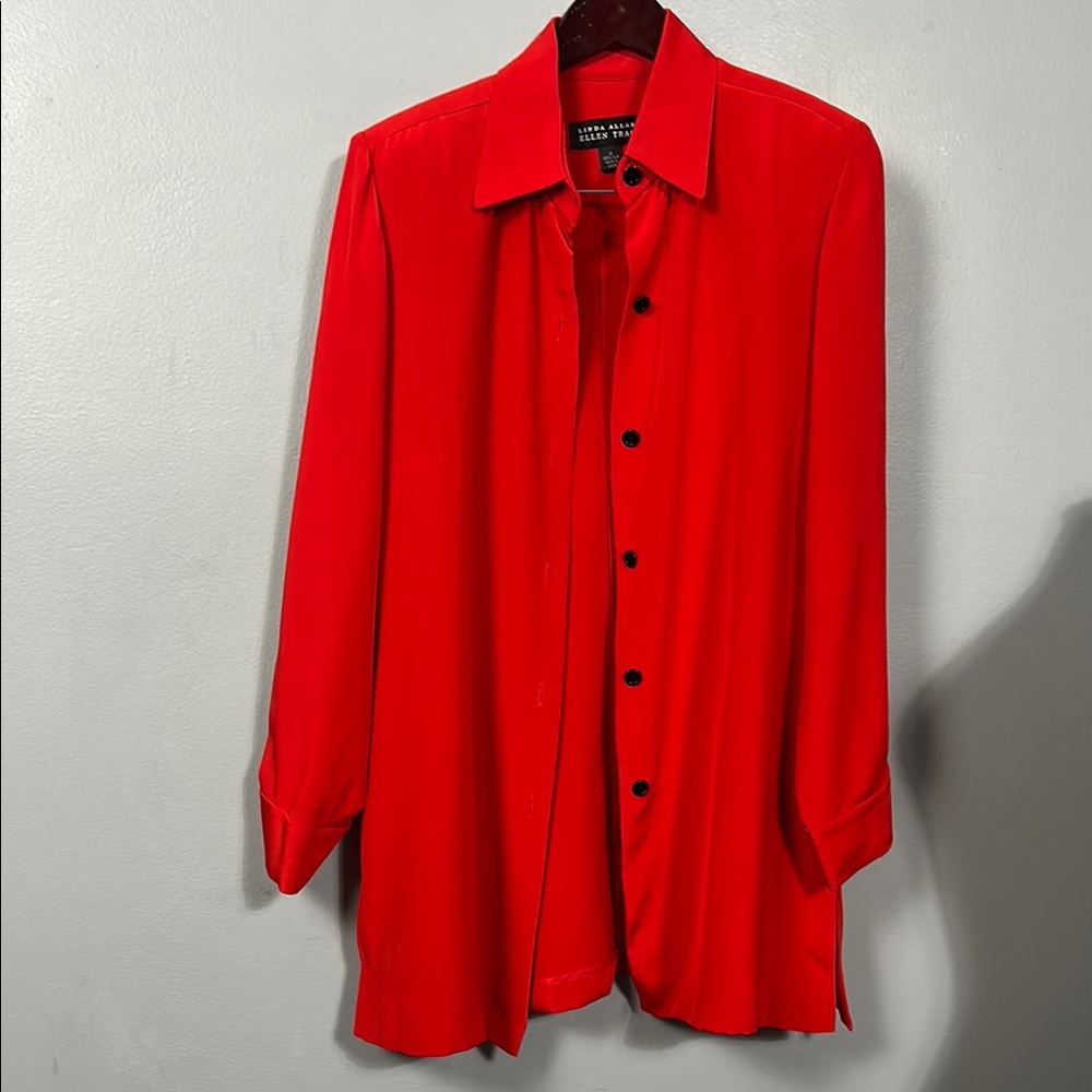 Linda Allan Ellen Tracy Red Women’s Silk long Button down shirt size 12